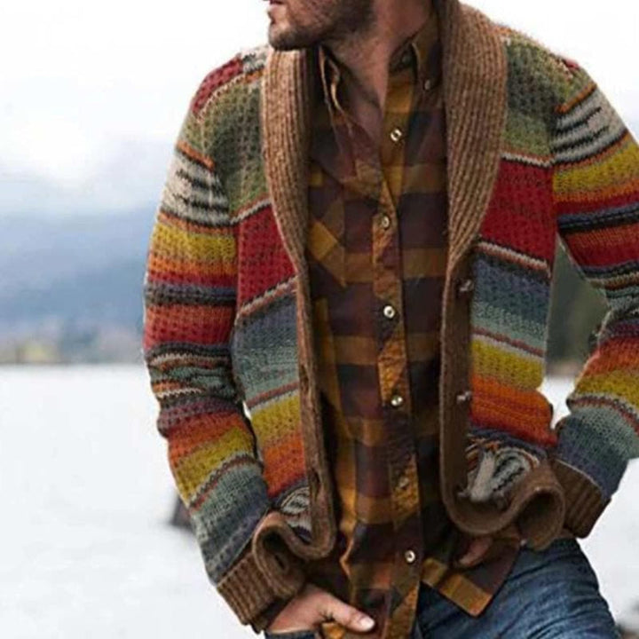 Cozy knitwear: Men's casual relaxed fit cardigan with vibrant multicolor stripes.