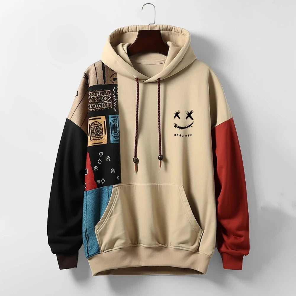 Men's relaxed fit patchwork hoodie in premium cotton blend. Modern streetwear pullover with unique color block design.