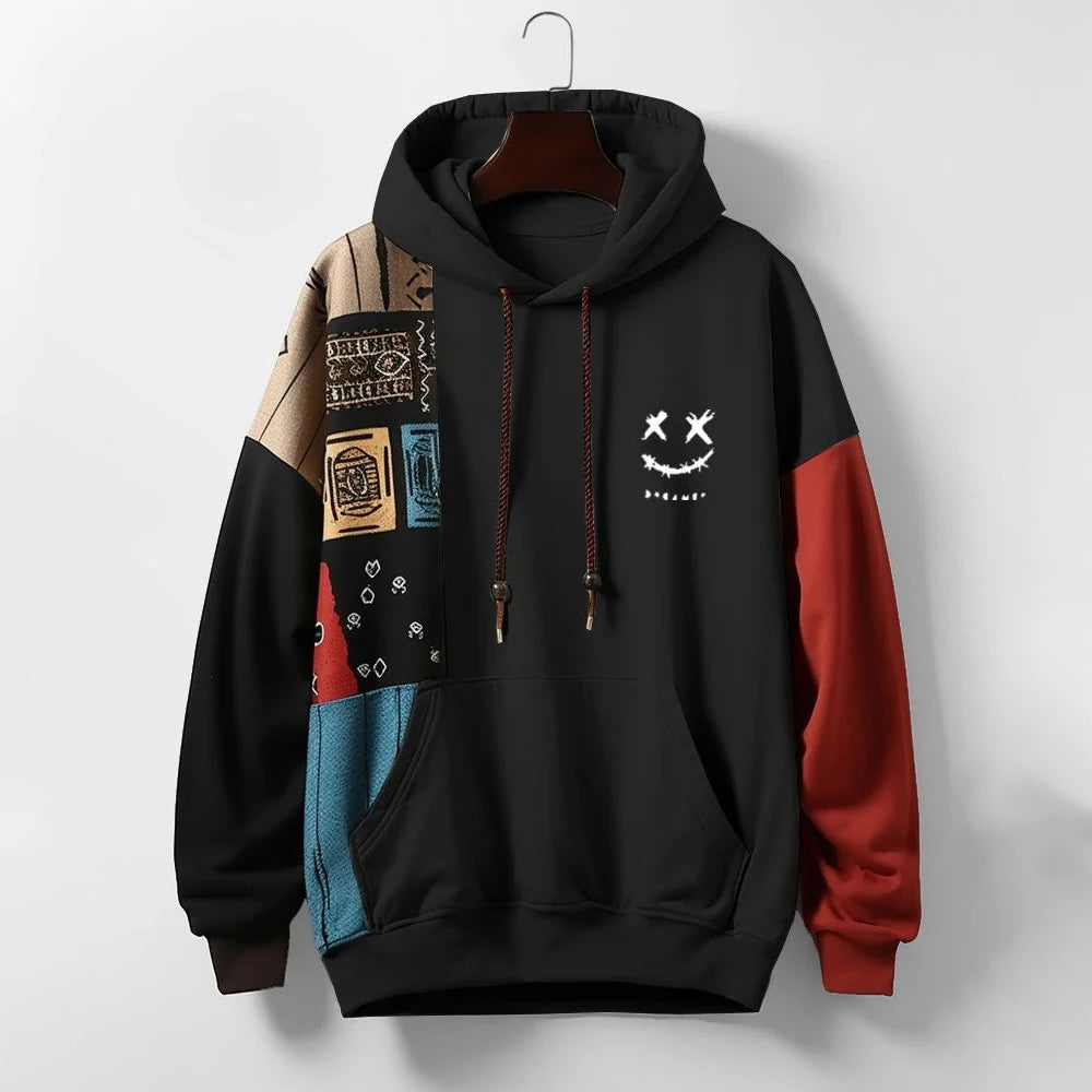 Comfortable men's patchwork hoodie, relaxed fit for casual wear. Features an eye-catching unique color block design.