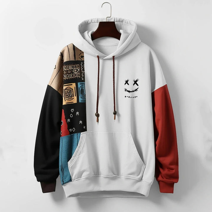 Stylish men's patchwork hoodie, a relaxed fit pullover with a unique color block design, perfect for modern fashion.