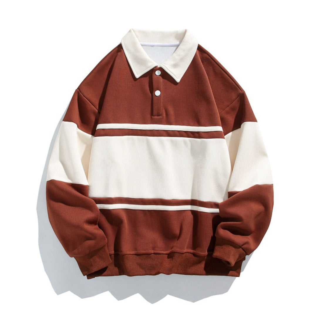 Men's relaxed fit polo sweatshirt with button placket. Comfortable long sleeve casual top.