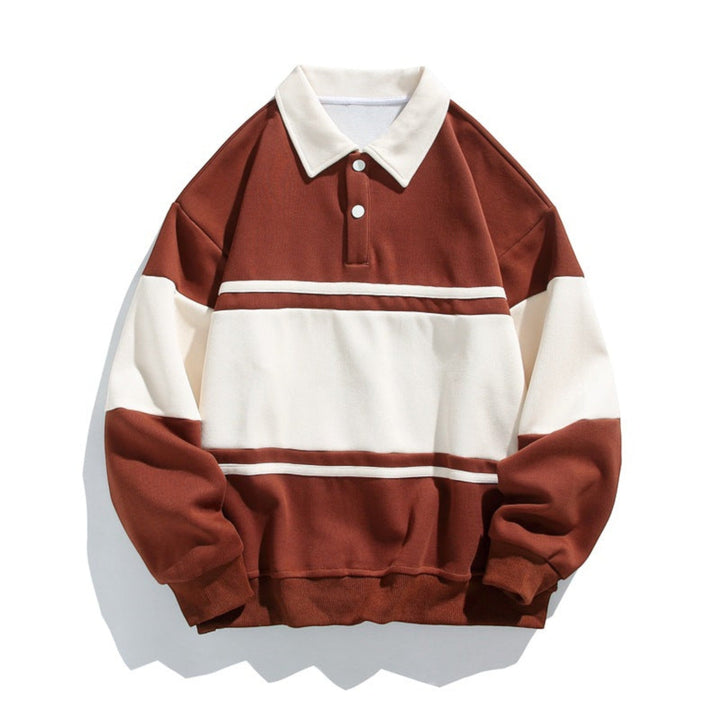 Men's relaxed fit polo sweatshirt with button placket. Comfortable long sleeve casual top.