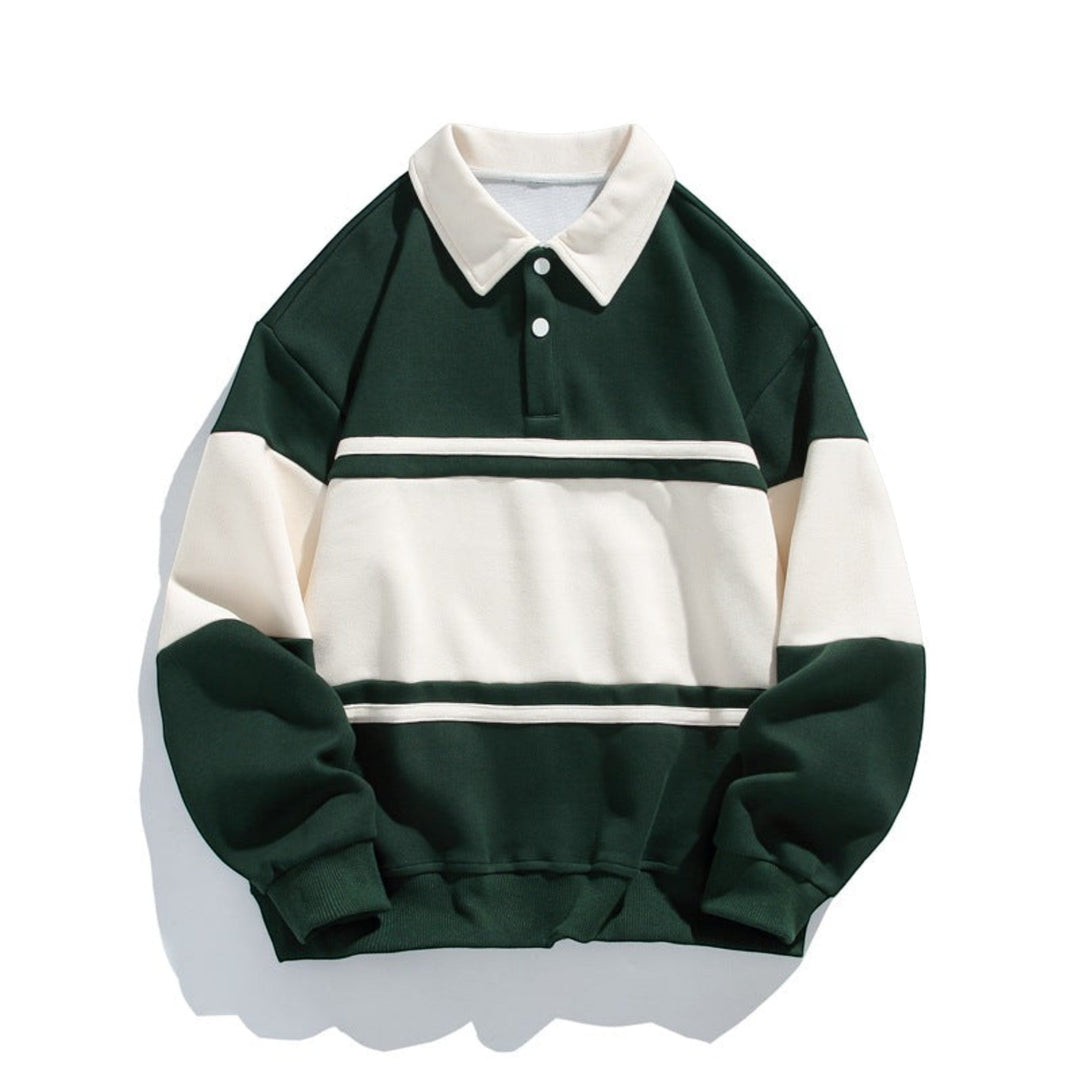 Versatile men's relaxed fit long sleeve polo sweatshirt. Button placket adds classic touch to casual wear.
