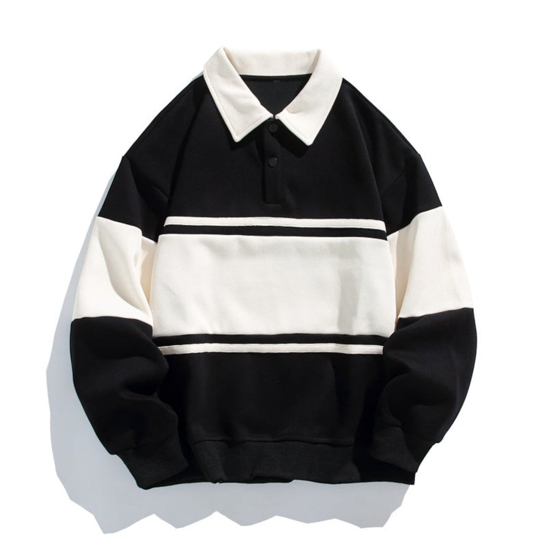 Classic look men's polo sweatshirt. Relaxed fit, long sleeve, button placket for casual versatility.