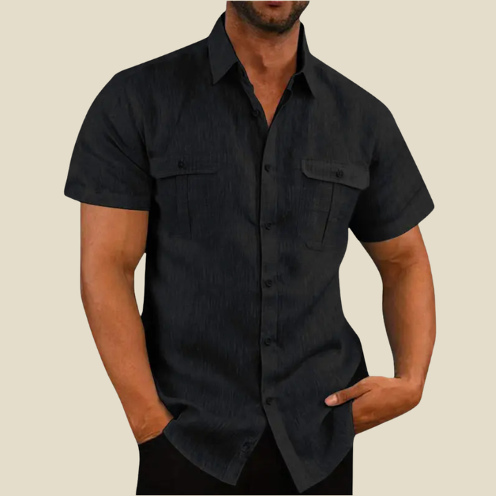 Men's relaxed fit short sleeve button down shirt for casual comfort. Ideal for summer and weekend wear.
