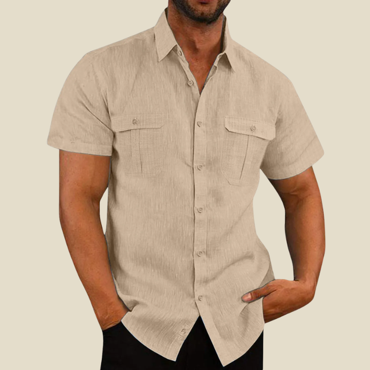 Comfortable men's relaxed fit short sleeve button down shirt. A versatile collared top for casual weekend wear.