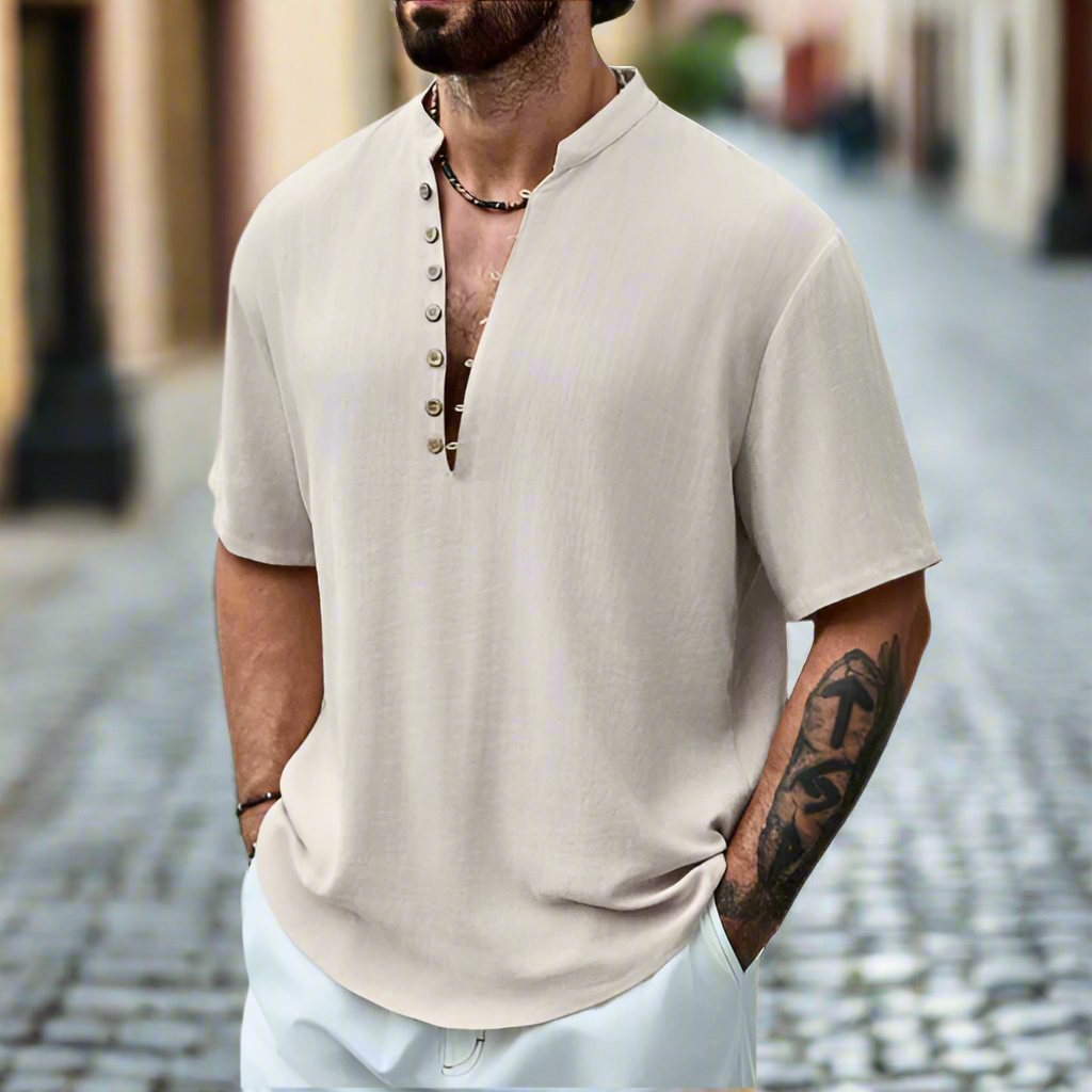 Men's relaxed fit short sleeve button neck summer shirt in breathable fabric