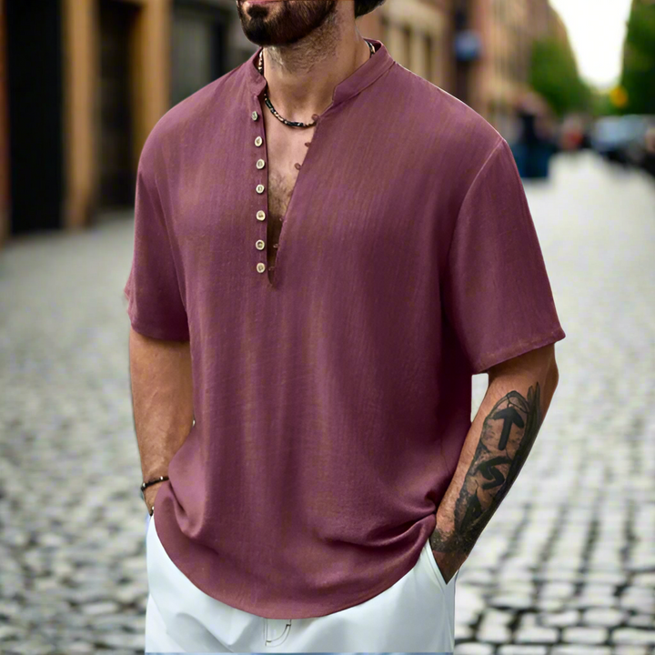 Casual lightweight mens summer top with short sleeves and comfortable button neck