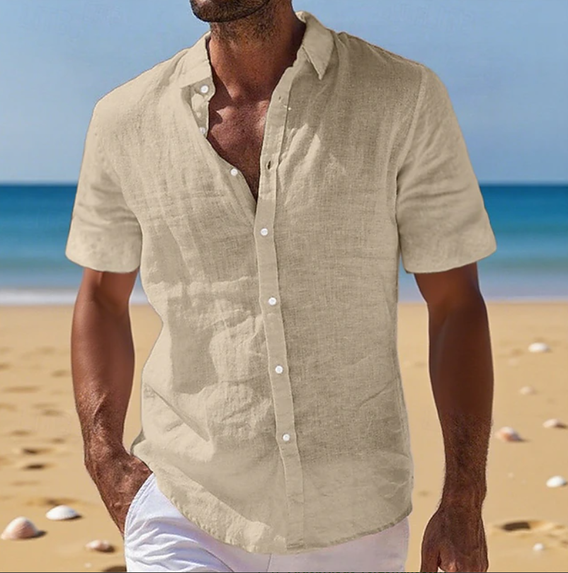 Men's button-down short sleeve summer shirt in a relaxed fit. Lightweight, breathable, and great for vacation.