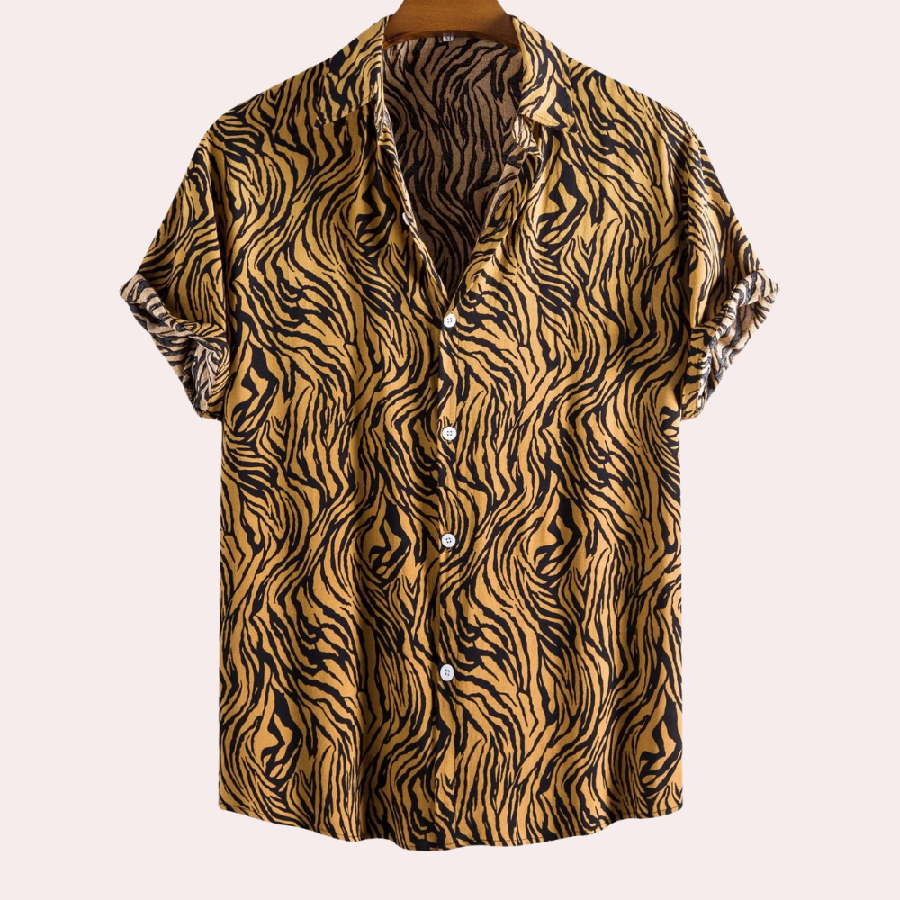 Men's relaxed fit short-sleeve tiger print shirt, perfect for casual summer weekend wear.