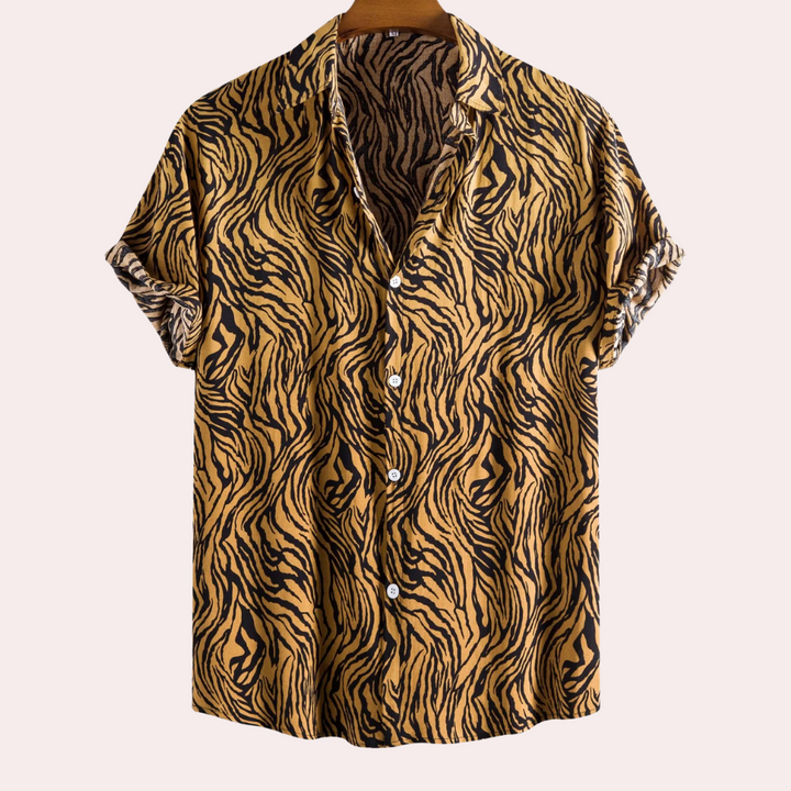 Men's relaxed fit short-sleeve tiger print shirt, perfect for casual summer weekend wear.