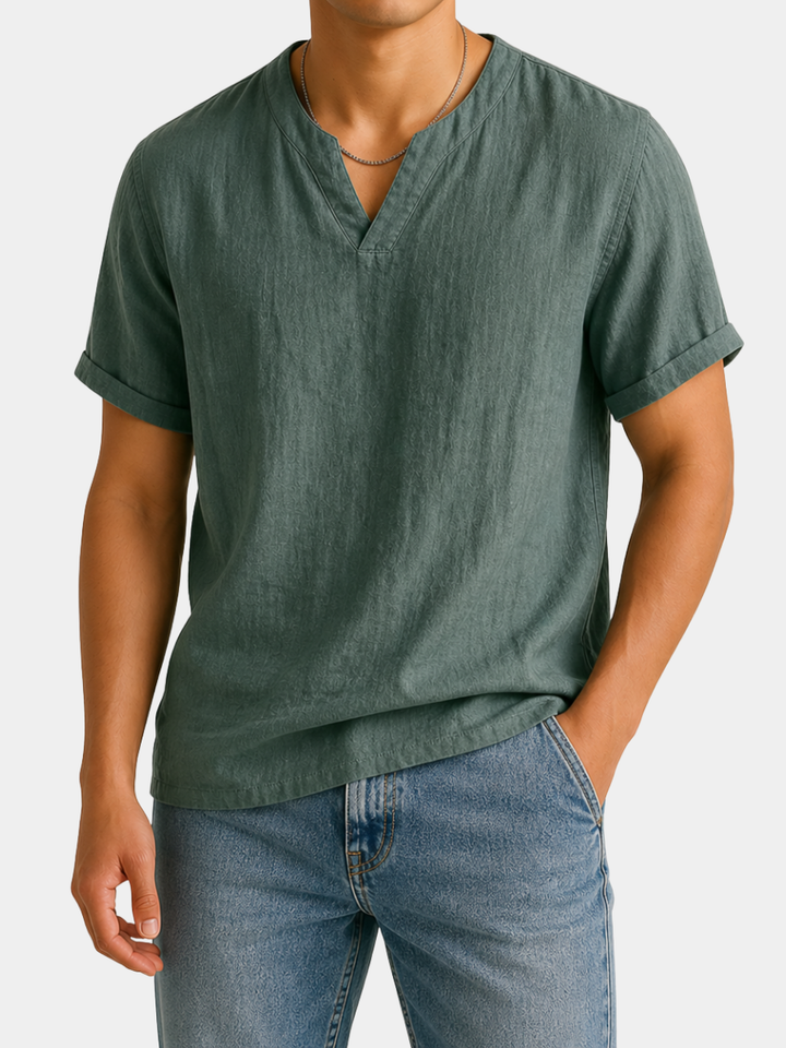 Men's relaxed fit short sleeve V-neck henley shirt, ideal for casual summer style & everyday comfort.