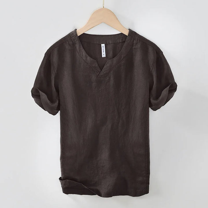 Men's casual V-neck henley shirt with short sleeves & relaxed fit. Versatile for everyday and summer wear.