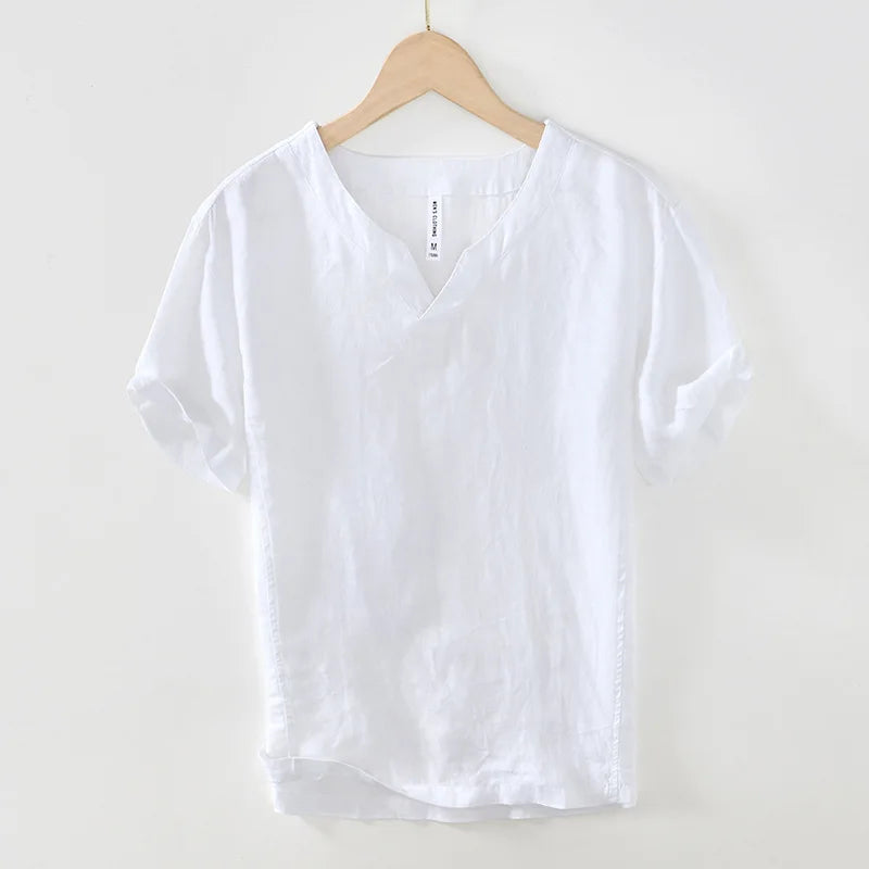 Stylish men's relaxed fit short sleeve V-neck henley top. A comfortable choice for smart casual summer outfits.