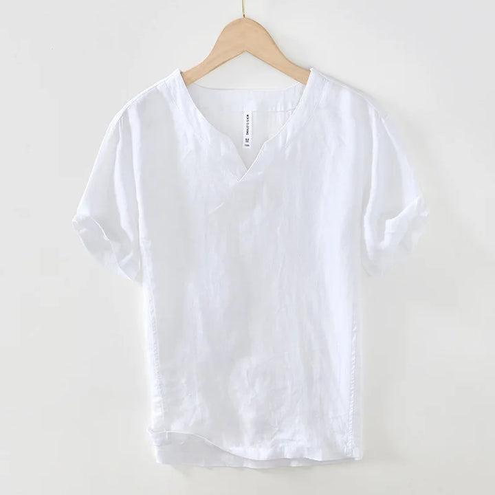 Stylish men's relaxed fit short sleeve V-neck henley top. A comfortable choice for smart casual summer outfits.