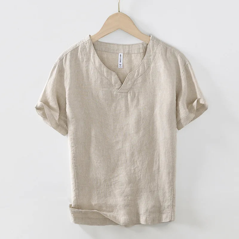 Breathable men's short sleeve V-neck henley for comfortable everyday wear. Relaxed fit for warm weather style.