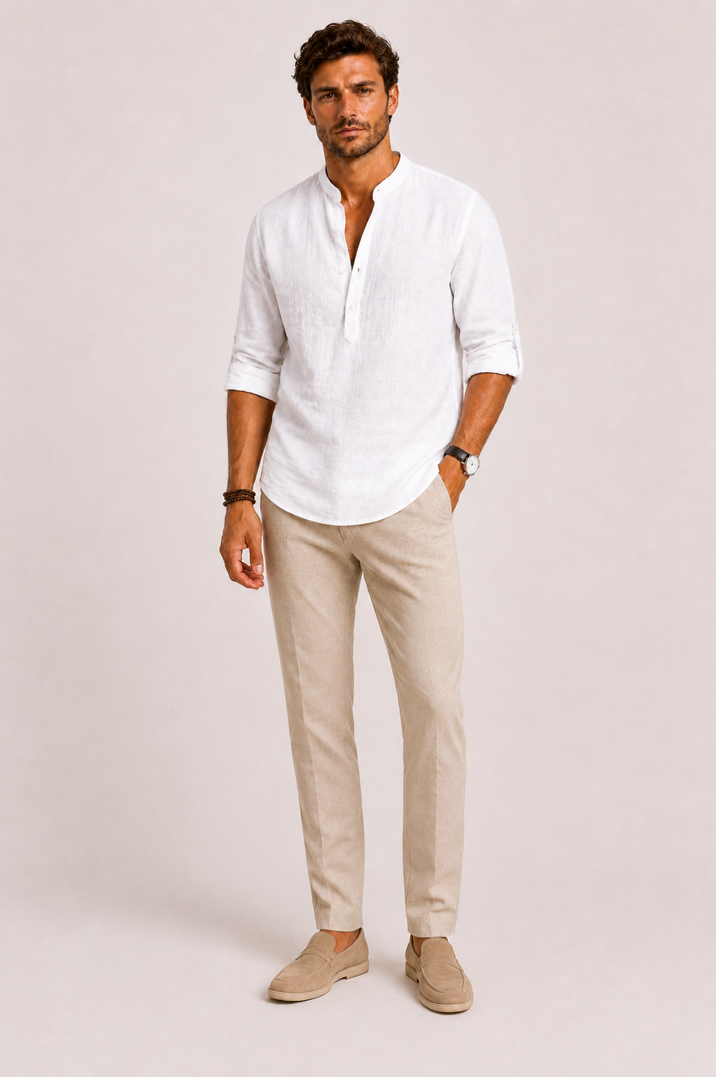 Versatile men's smart casual stand collar shirt, long sleeve, button-up, ideal for a relaxed yet stylish look.