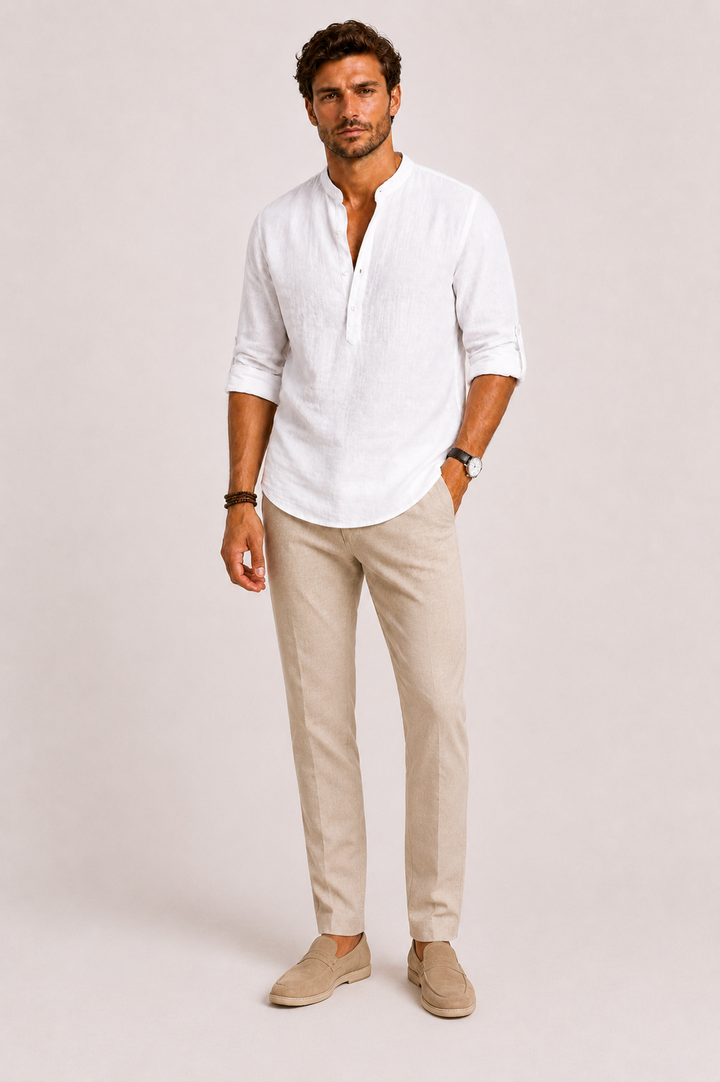 Versatile men's smart casual stand collar shirt, long sleeve, button-up, ideal for a relaxed yet stylish look.