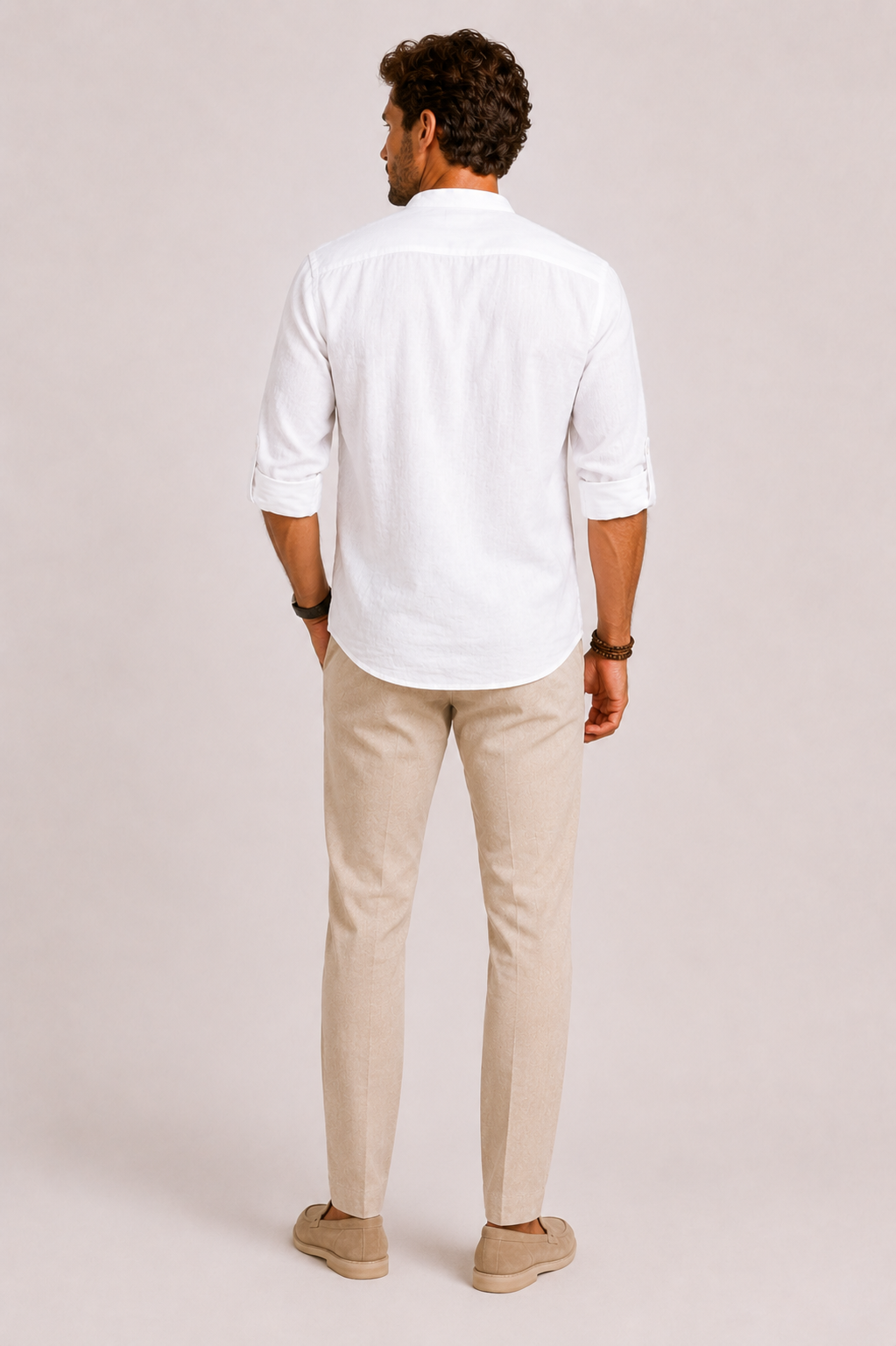 Comfortable men's long sleeve stand collar summer shirt, perfect beachwear or vacation shirt for a relaxed style.