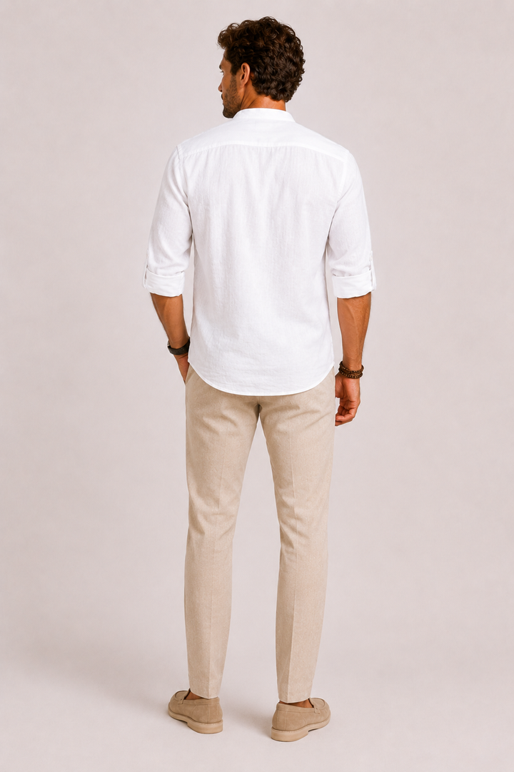 Comfortable men's long sleeve stand collar summer shirt, perfect beachwear or vacation shirt for a relaxed style.