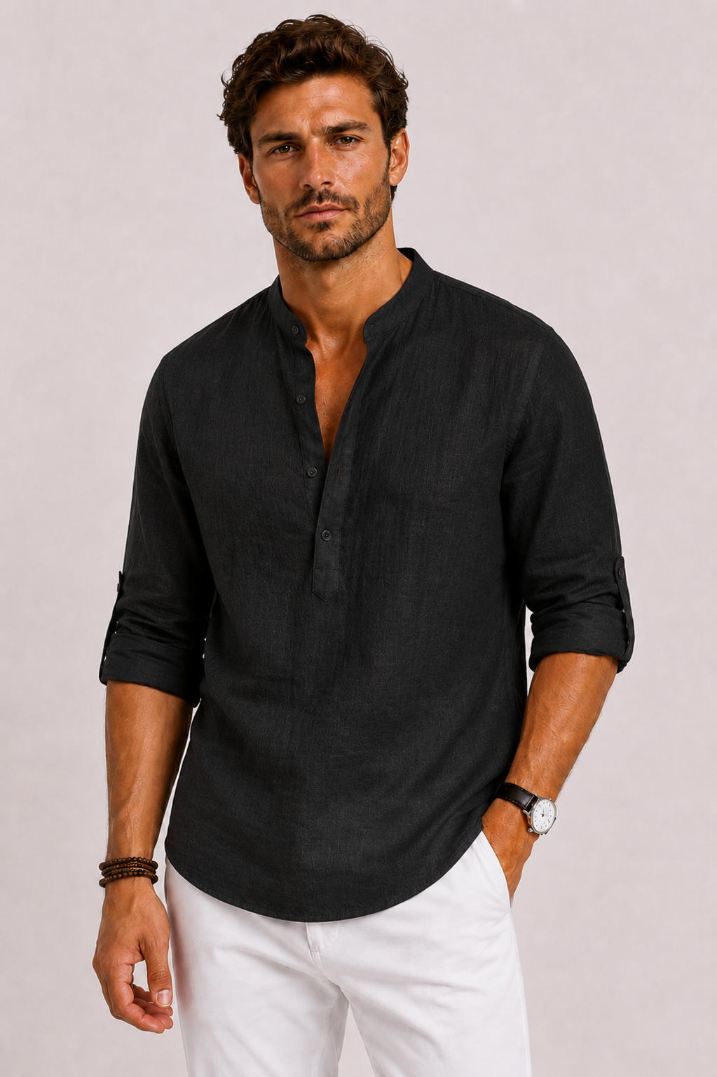 Stylish men's button-up shirt with a stand collar, relaxed fit for ultimate comfort. Great for casual wear.