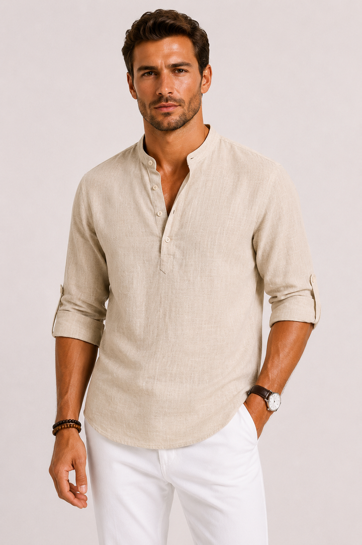 Men's relaxed fit stand collar shirt, comfortable vacation wear, suitable for smart casual outings or summer trips.