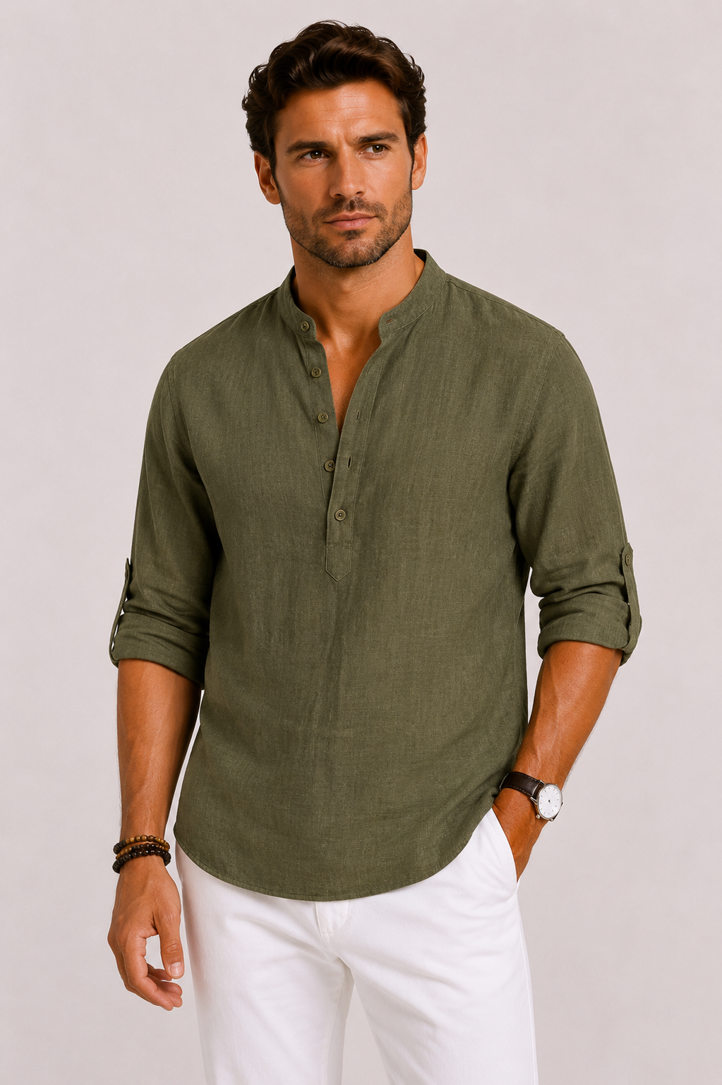 Men's casual long sleeve stand collar shirt, comfortable and relaxed fit, perfect for everyday wear or a smart look.