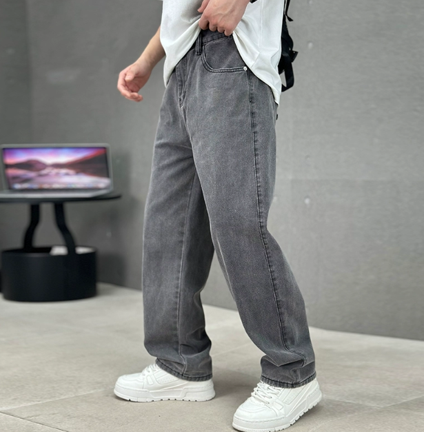Men's relaxed fit straight leg blue jeans, ideal for comfortable everyday wear & classic casual style.