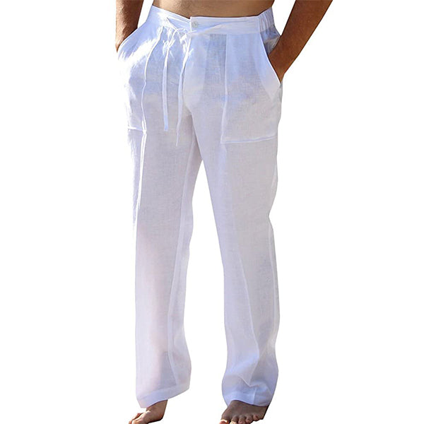 Versatile men's relaxed fit straight leg chino trousers, flat front design for warm weather smart casual outfits.