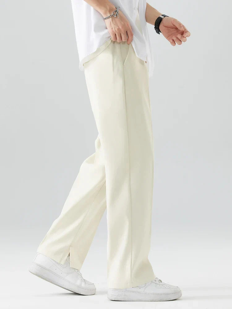 Stylish men's straight leg chinos with a relaxed fit. Full length casual trousers made from breathable fabric for comfort.