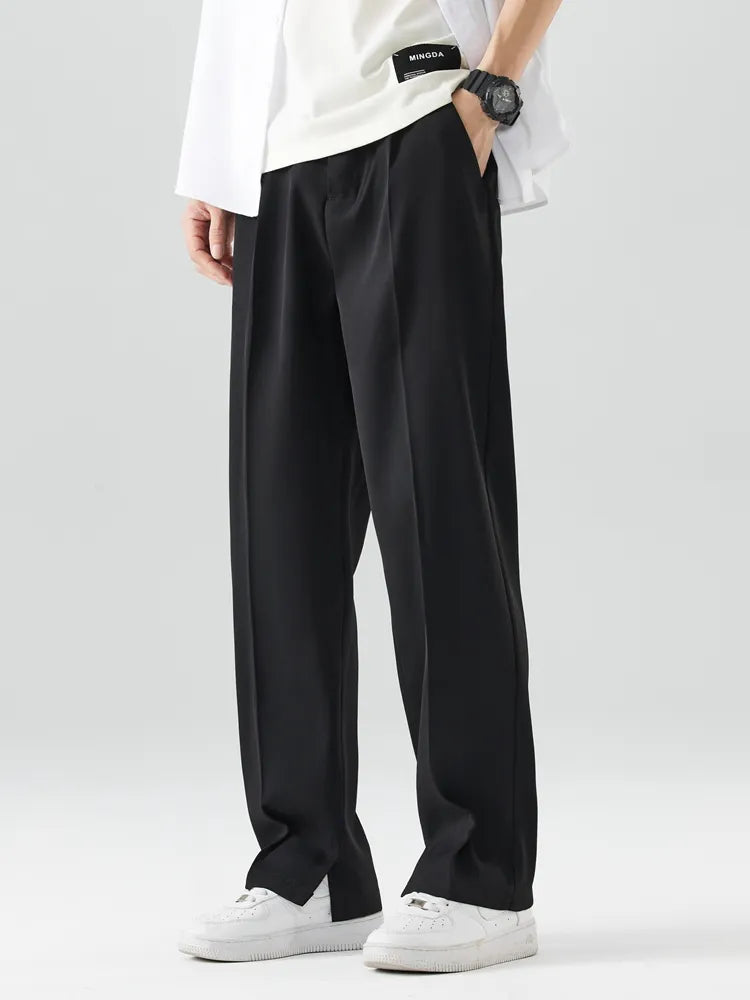 Breathable men's relaxed fit straight leg trousers. Comfortable full length chinos for casual fashion and daily wear.