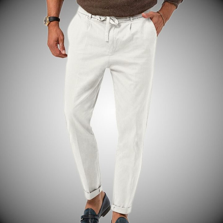 Men's relaxed fit straight leg chinos with adjustable drawstring waist for casual comfort.