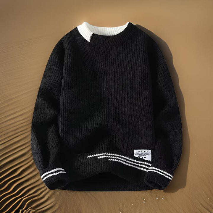 Men's relaxed fit striped sweater, cozy crewneck pullover for casual fall & winter style.