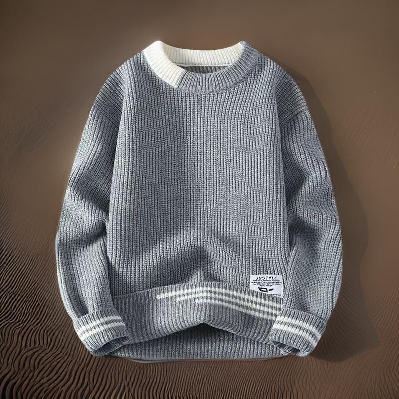 Stylish men's striped pullover sweater, perfect for cozy fall layering & winter comfort.