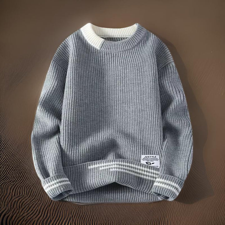 Stylish men's striped pullover sweater, perfect for cozy fall layering & winter comfort.