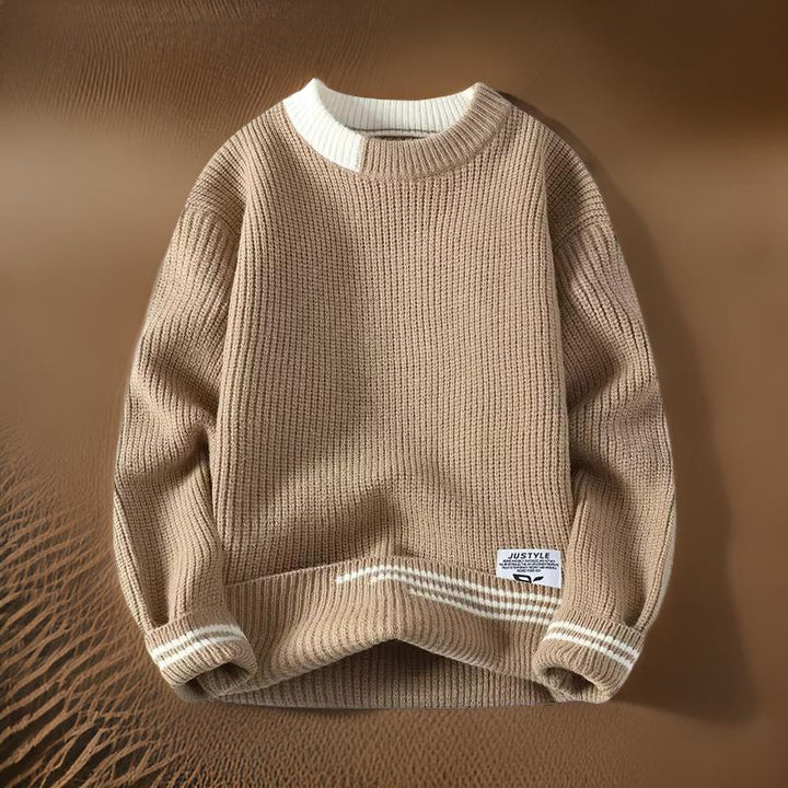 Cozy men's crewneck sweater with stylish stripes, a relaxed fit pullover ideal for everyday wear.
