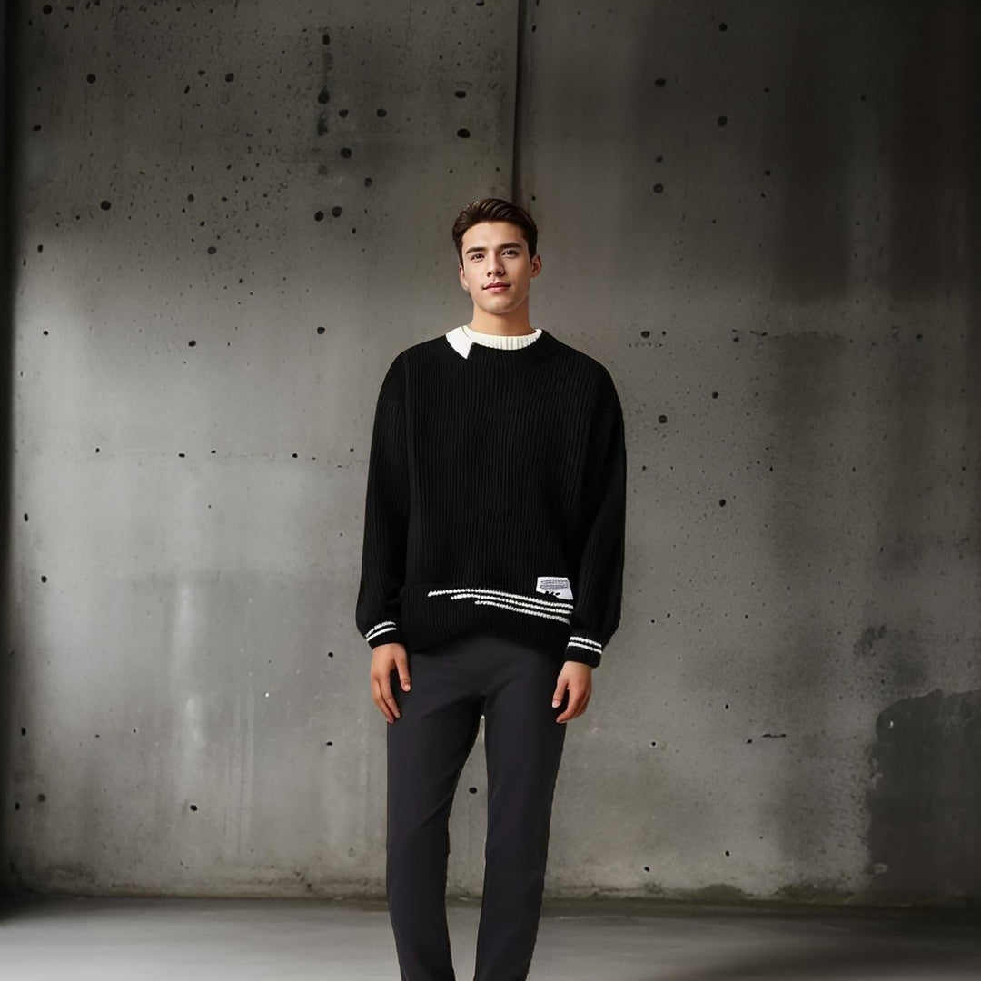 Soft & cozy men's striped sweater, a relaxed fit crewneck pullover for stylish cold-weather comfort.