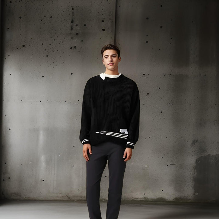 Soft & cozy men's striped sweater, a relaxed fit crewneck pullover for stylish cold-weather comfort.