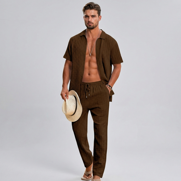 Men's relaxed fit summer co-ord set: comfortable shirt and trousers for casual wear.