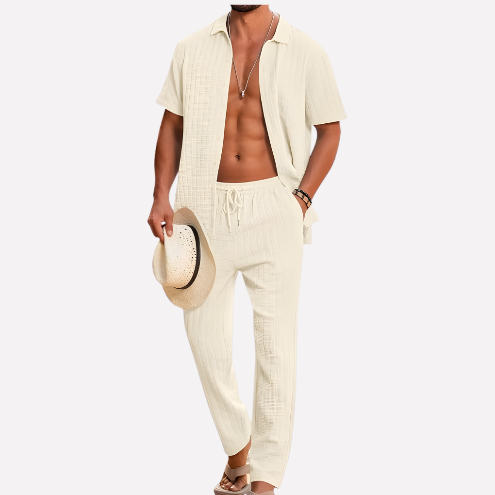Comfortable men's two-piece relaxed fit shirt and trousers set for easy style.