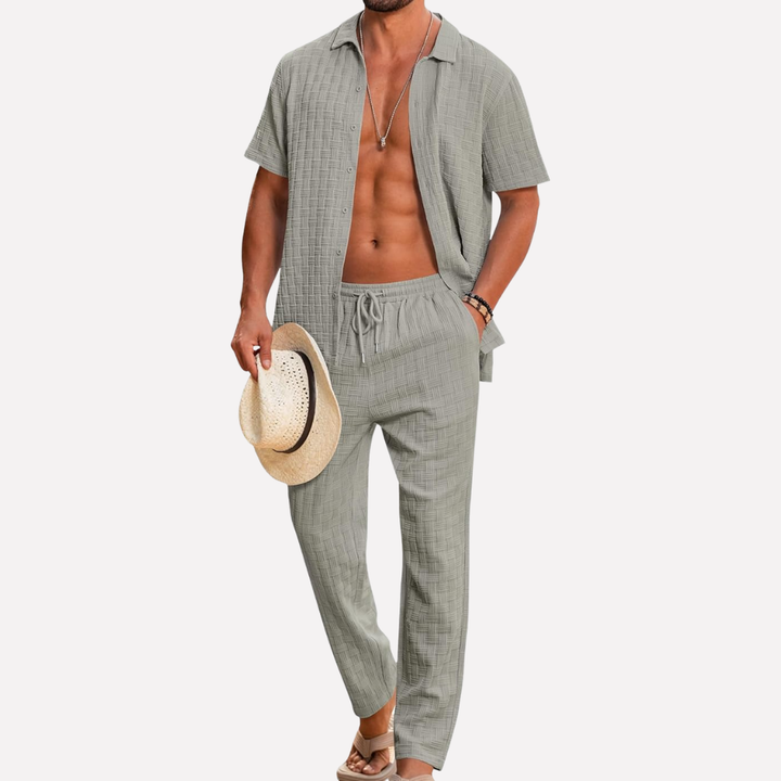 Complete men's summer outfit: relaxed fit co-ord shirt and trousers for holidays.