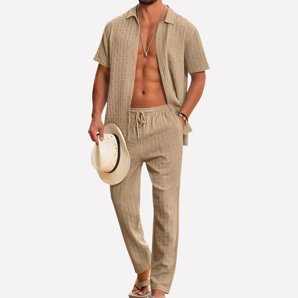 Men's comfortable summer co-ord set, perfect holiday vacation wear for stylish men.