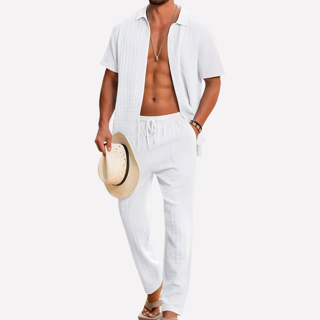 Fashionable men's two-piece summer co-ord set: relaxed shirt & trousers.