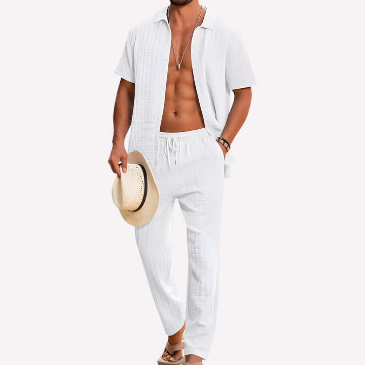 Fashionable men's two-piece summer co-ord set: relaxed shirt & trousers.