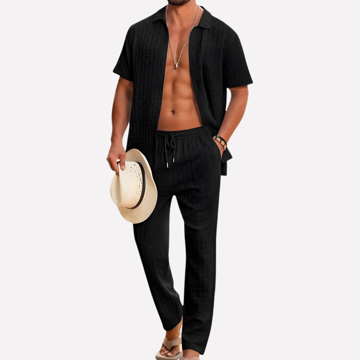 Men's summer co-ord set in multiple colors, featuring relaxed fit shirt & trousers.