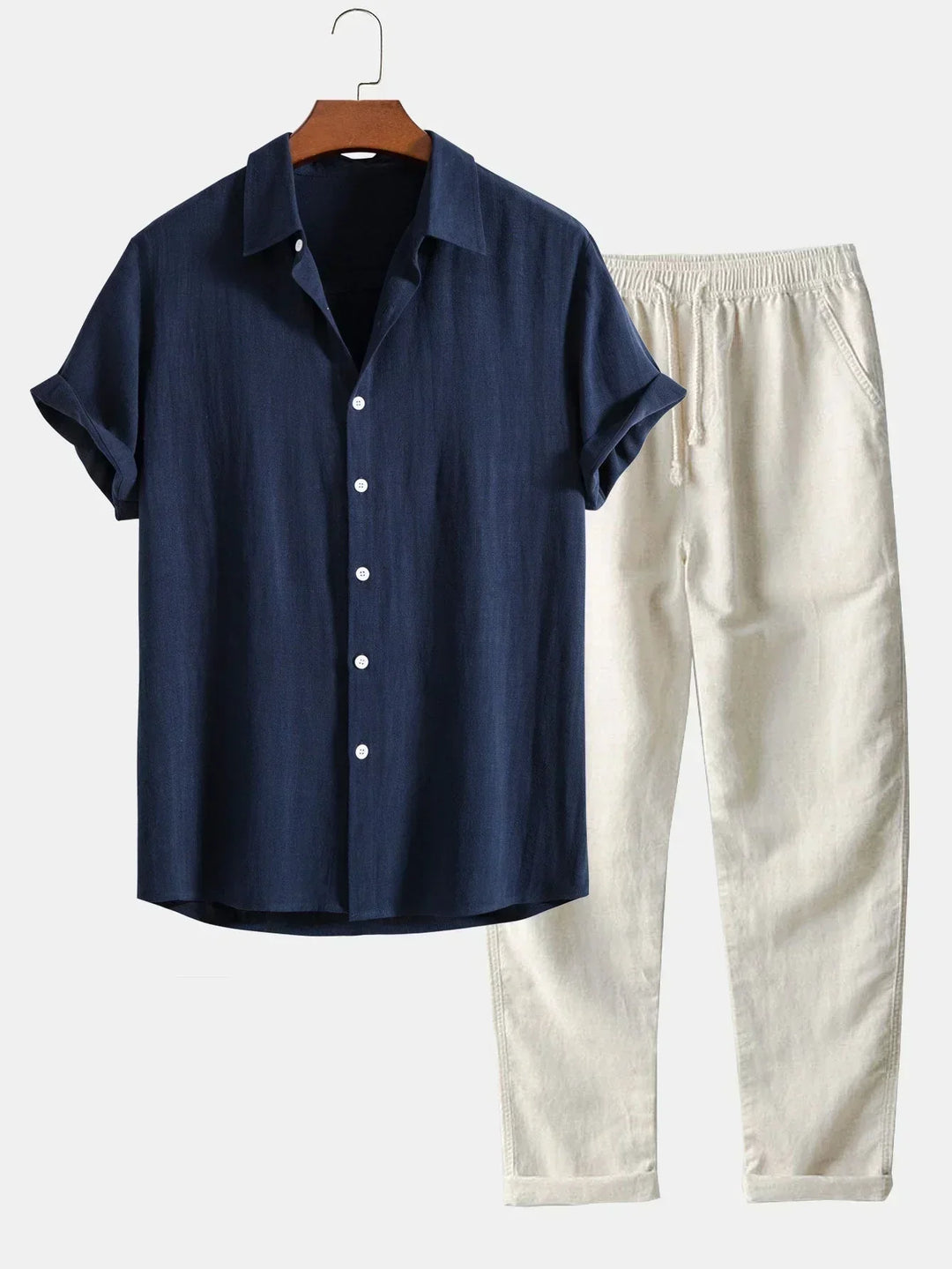 Men's relaxed fit summer co-ord set with a button-up shirt & trousers, perfect for warm weather casual style.