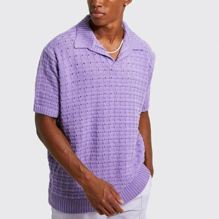 Textured knit men's polo shirt, relaxed fit, short sleeve, a cool choice for summer fashion.