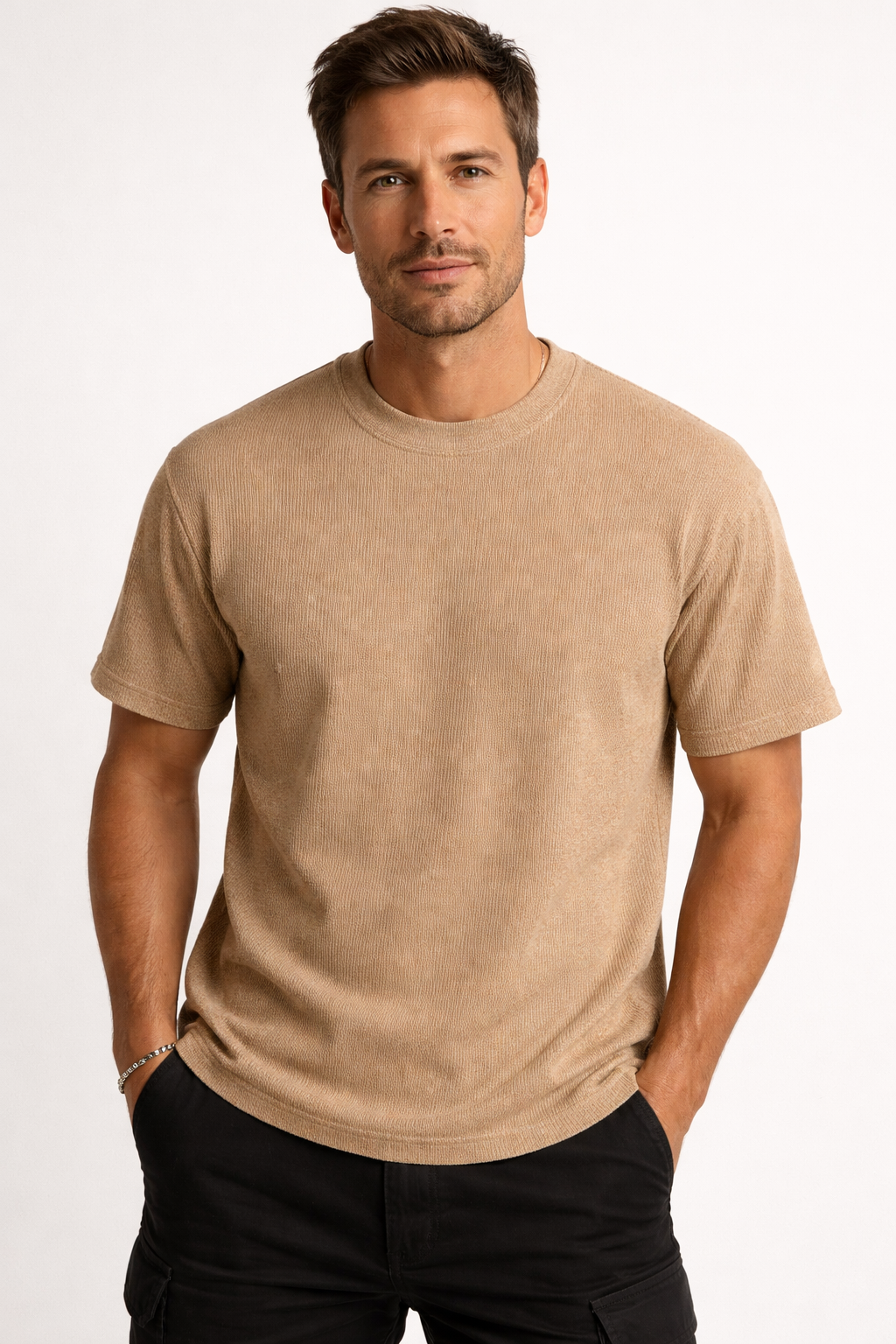 Men's relaxed fit textured short sleeve t-shirt in a summer tee style for casual wear.