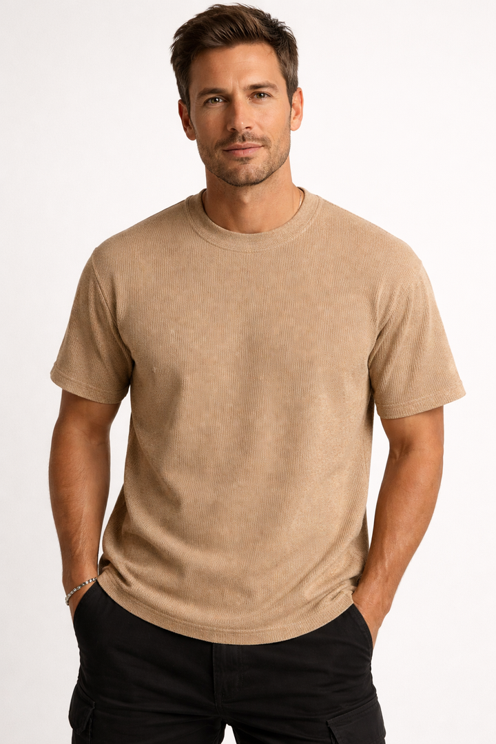 Men's relaxed fit textured short sleeve t-shirt in a summer tee style for casual wear.