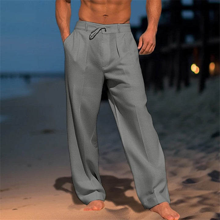 Full-length men's comfort pants featuring a drawstring waist, ideal for summer vacation outfits.